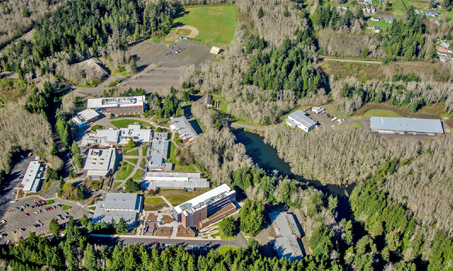Grays Harbor College campus and the surrounding watershed seen from the air