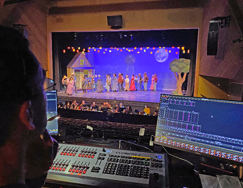 The musical cast preforming a dress rehersal, the picture is taken from behind the soundmaster's station, microphone graphs in the corner