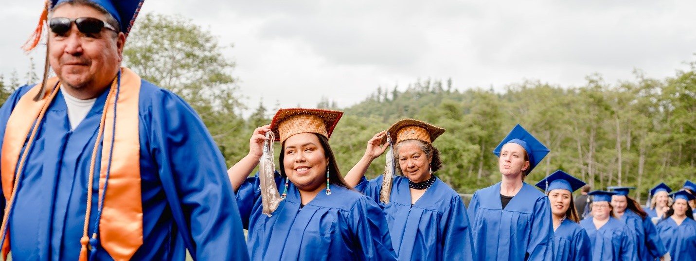 Graduates in regalia lined up to receive their diplomas