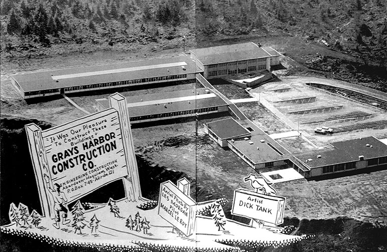 Aerial shot of finalized construction before the new college space was opened in 1958.