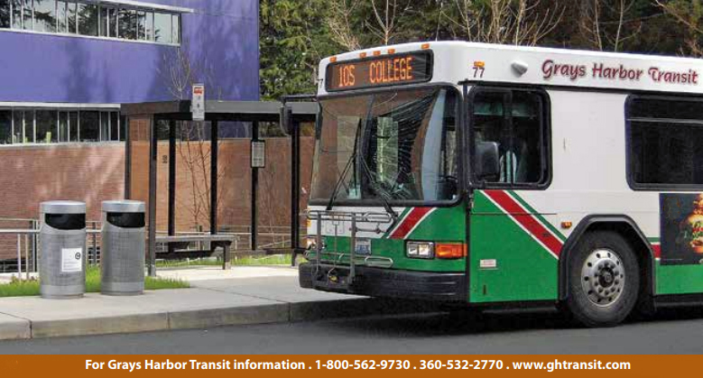 Grays Harbor Transit bus arriving at the Schermer Building stop on the upper campus. For GH Transit information, call (800) 562-9730 or visit www.ghtransit.com