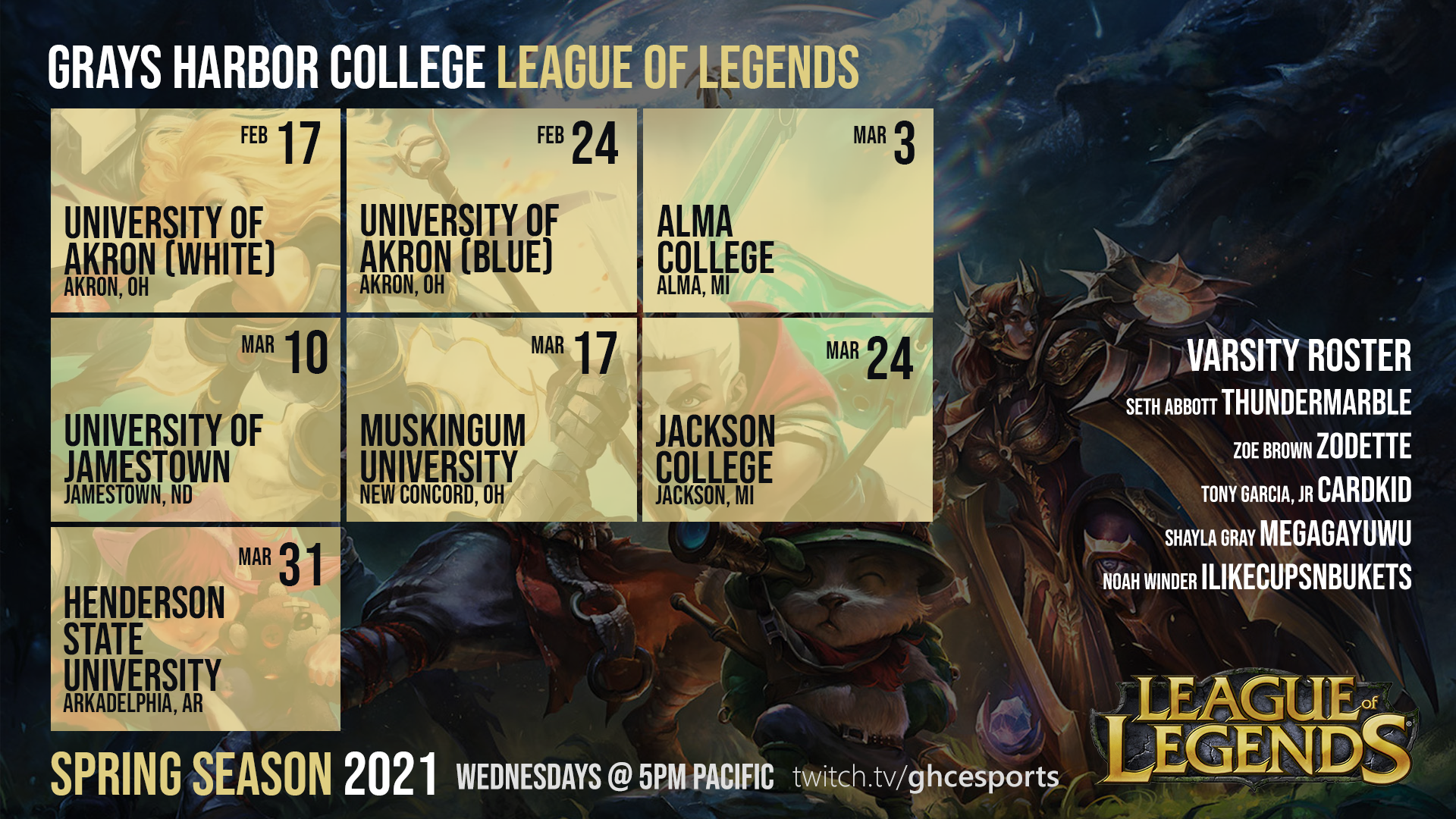 A schedule of League of Legends games listed below in text