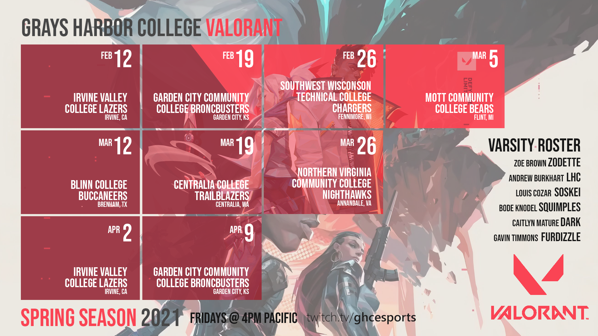A schedule of Valorant games listed below in text