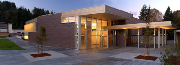 Spellman Library exterior at dusk.