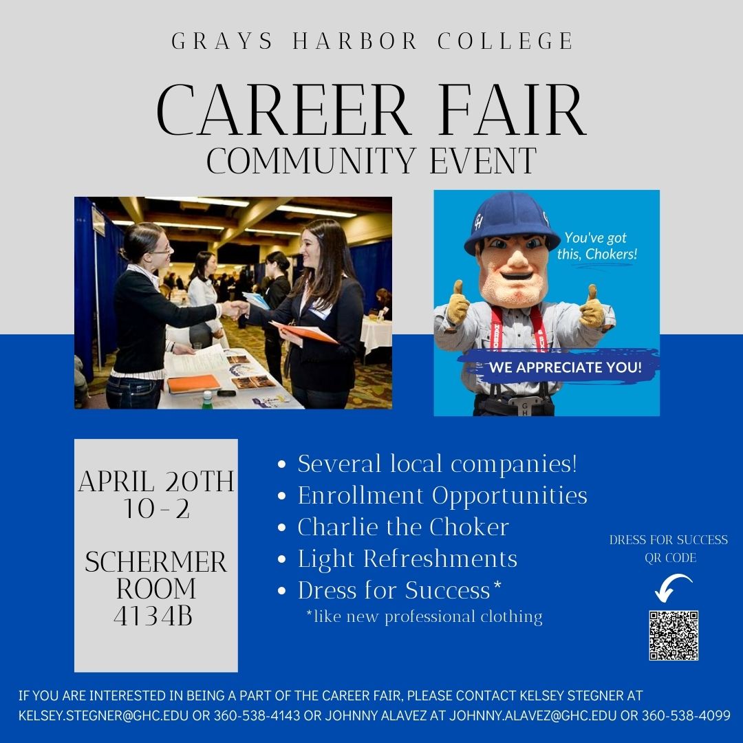 Photo of student at a career fair and the choker mascot giving two thumbs up.