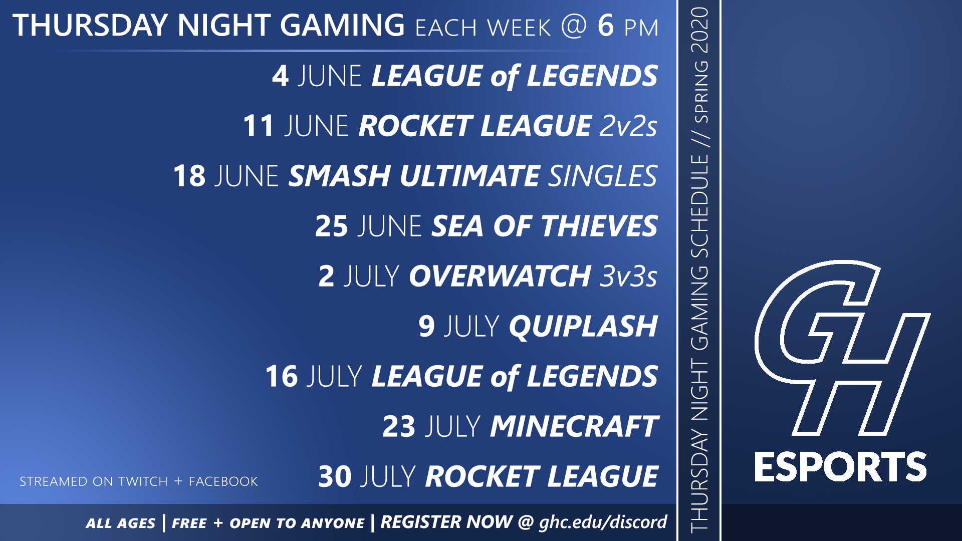 Thursday Night Gaming Schedule