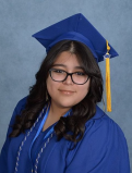 A professional photo of Angie in her graduation robes and cap.