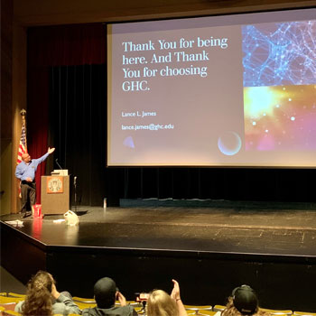 Lance James, a member of the business faculty at Stafford Creek Corrections Center, presents at GHC's New Student Orientation on September 15.