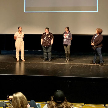 New Student Orientation wrapped up at the Bishop Center with an alumni panel featuring Jax Bonifer, Shelly Hoffman, and Jessica Molina.