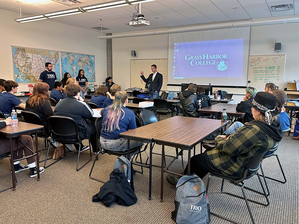 Representative Kilmer talking in front of Trio Upward Bound students