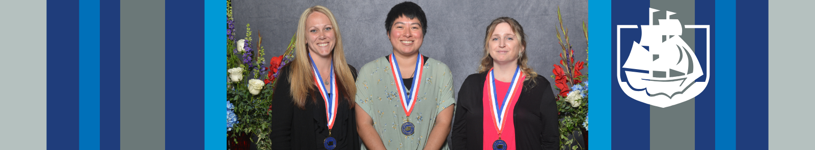 All-Washington Academic Team nominees: Tracie Hartnett, Erica Segura Flores, and Kalli Kounavong at the nomination ceremony. They are bordered on either side by GHC spirit colored stripes and the GHC logo in white on the left.