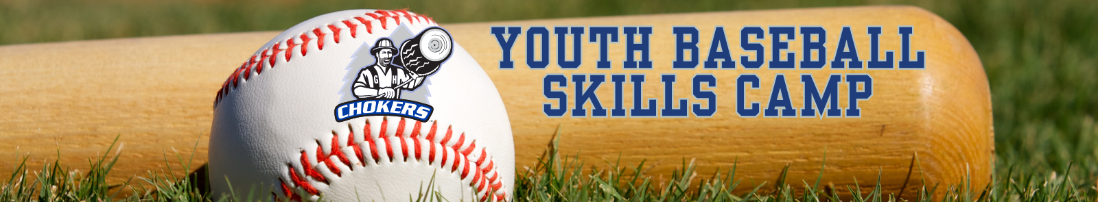 A ground camera shot of a baseball and bat lying in the grass. Charlie Choker is superimposed over the middle of the ball, in the GHC athletics logo, with the text “Youth Baseball Skills Camp” in all caps to his right.