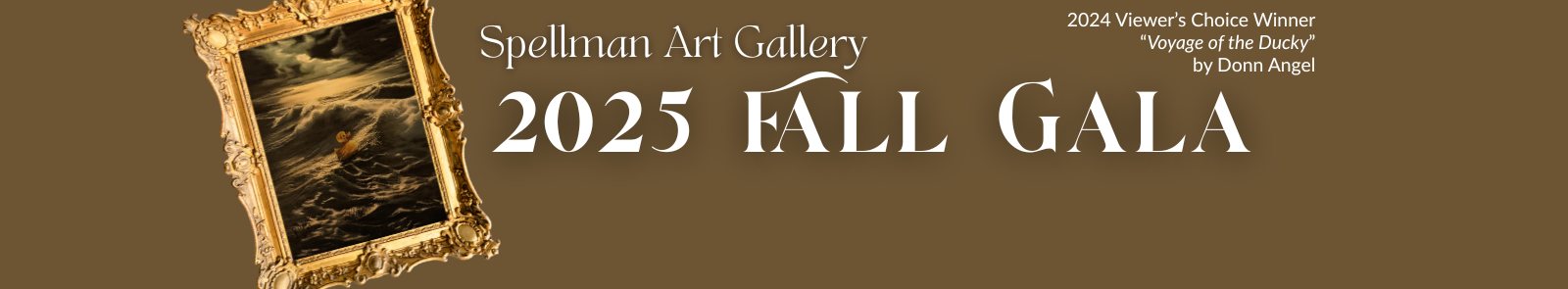 Painting of 2024 Viewer’s Choice Winner 'Voyage of the Ducky' by Donn Angel in a gold gilded frame.  Painting is of a yellow rubber duck floating on rough ocean waves. Text that reads 'Spellman Art Gallery 2025 Fall Gala'