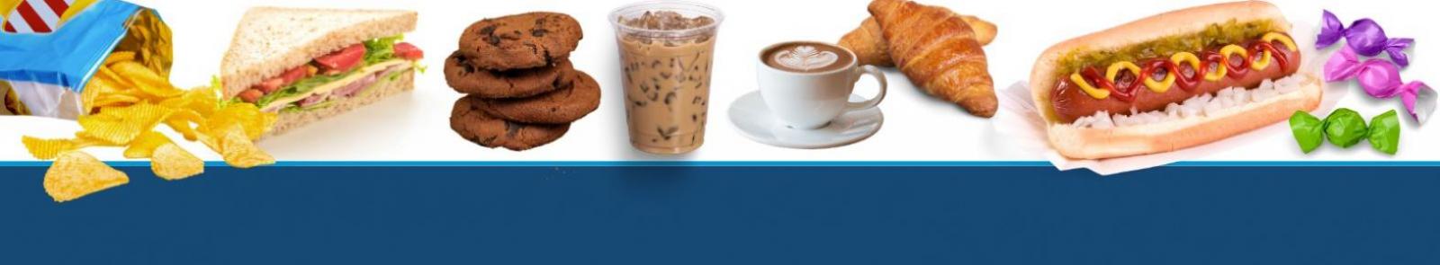 Bag of chips, sandwich, cookies, coffee and croissant, hot dog and candy