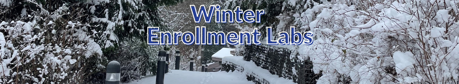 A path on GHC campus liberally covered with snow. Tree branches and bushes peak in from the sides similarly piled with the cold fluff. The text "Winter Enrollment Labs" is centered in GHC blue text, each first letter of the word capitalized.