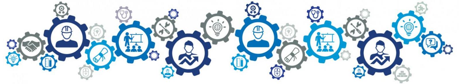 Cluster of gear icons with little figures