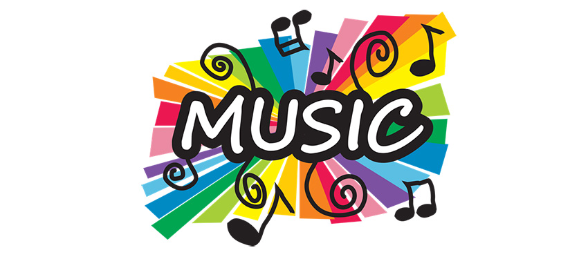 Colorful background with music notes and the word Music