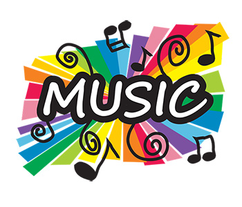 Colorful music notes in the background with the word Music