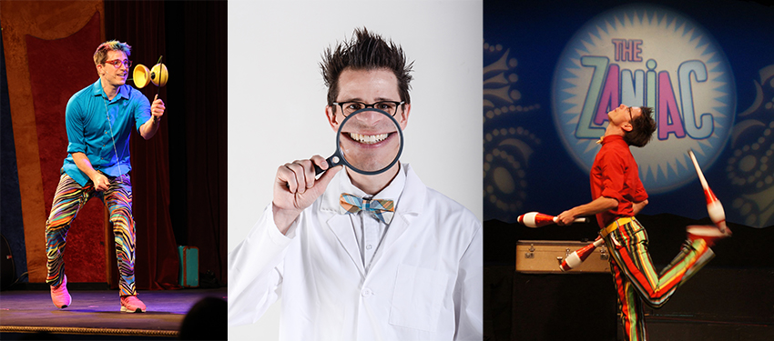 Three photo collage - First photo shows Zaniac on stage, second shows Zaniac holding a magnifying glass, third shows Zaniac on stage