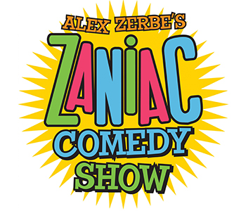 the words Alex Zerbes Zaniac Comedy Show with a sunburst behind it