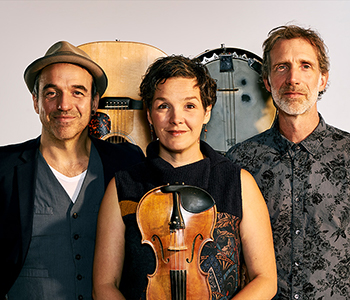 Three people standing in front of a guitar and banjo. The middle person is holding a string instrument