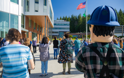 Students and Staff gathered outside the new 3000 building