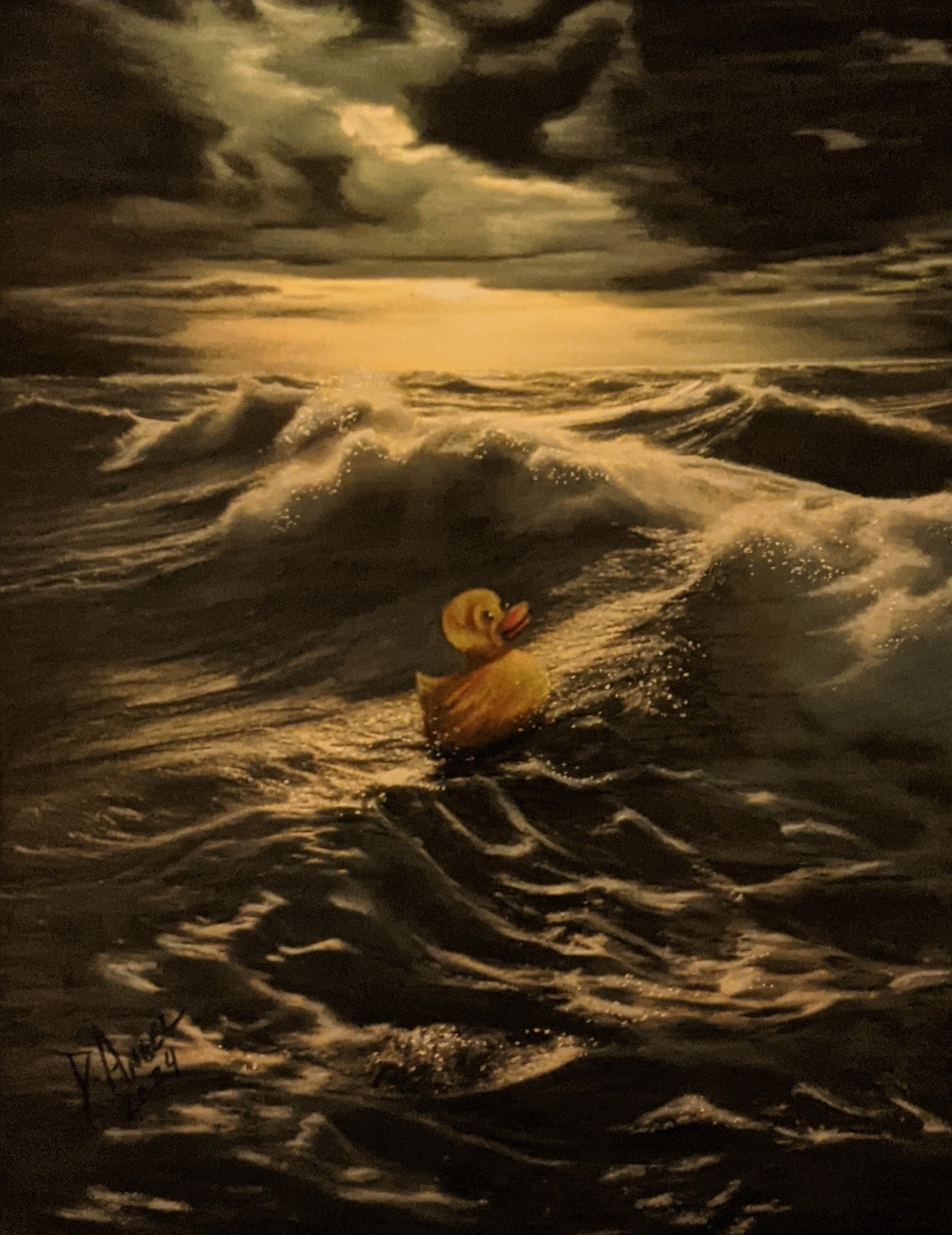 The 2024 Gala People’s Choice Winner, Voyage of the Ducky by Donn Angel. A rubber ducky swims in a turbulent sea, the similar pale yellow lighting on the waves making the duck feel perilously close to being swallowed up by them.