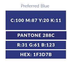Color codes for the GHC Preferred Blue:C:100 M:87 Y:20 K:11Pantone 288CR:31 G:61 B:123HEX: 1F3D7B