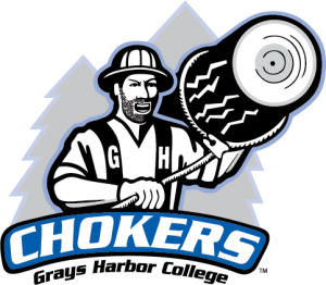 Charlie Choker logo - Bearded man in a logging outfit holding a log on his shoulder with a choker wrapped around it. The words Chokers Grays Harbor College are below