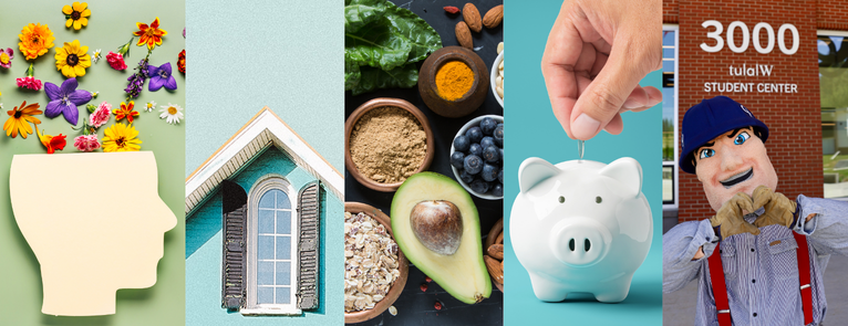 A collage of photos representing from left to right, mental health, housing, nutrition, financial support, and GHC mascot Charlie Choker.