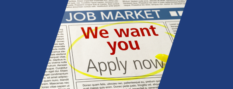 A banner divided into two sections, on the left is the text "GHC Annual Career Fair" over a GHC blue backdrop. And the right features a highlighted ad in the newspaper, saying "We want you, Apply now!"