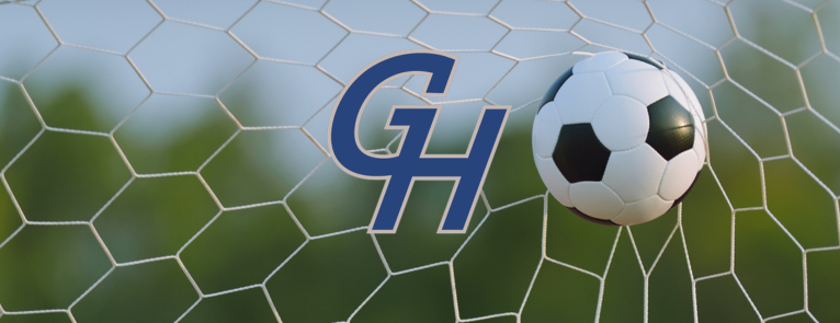 The text "Women's Soccer Recruitment Camp" over an image of a ball hitting the back of a net.