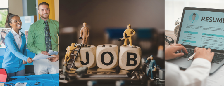A woman and man talking to a recruiter. Little army toys crawling on wooden blacks that spell Job. A person typing up their resume. Over the top of the images is a graphic that says Come to the Career Fair.