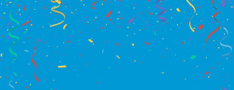 On a bright blue background with rainbow confetti are the words "Faculty of the Year is Here!"