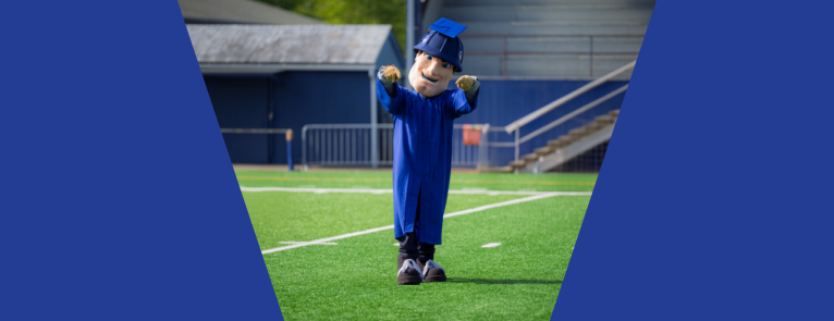Charlie Choker Stands on two stadium fields. On one he wears A blue GHC graduation gown, while in the other photo he is dressed in his usual garb. Intersecting the two photos is a GHC Blue trapezoid with the text "Grays Harbor College's 29th Annual, Student Awards and Recognition."