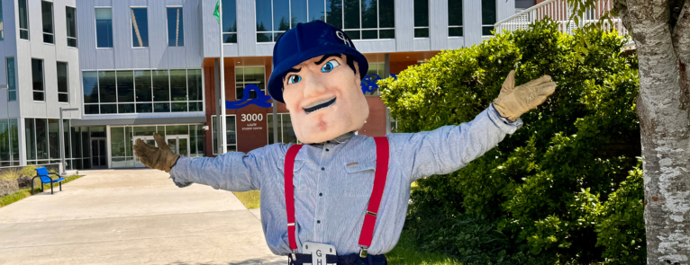 Charlie Choker on GHC’s campus with the words Campus Tours shown in a banner across the photo.