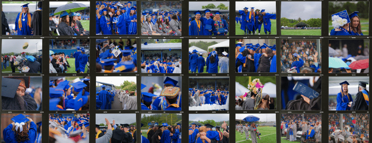 A collage of graduation photos, in the middle is a blue banner with confetti and the words "Graduation Pictures!"