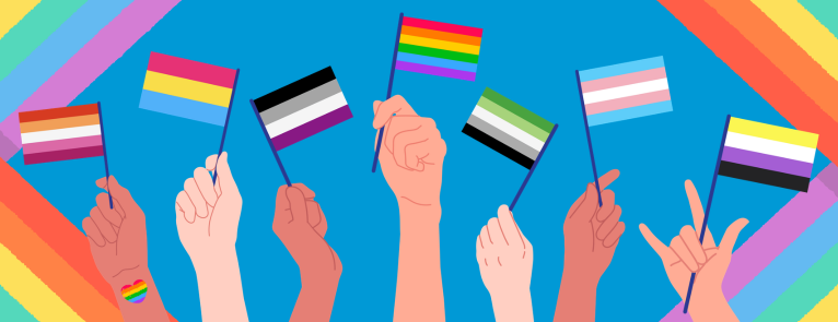 "Happy Pride Month" text over hands holding various pride flags. From left to right there are the Lesbian, Pansexual, Asexual, old LGBT flag, Aromantic, Trans, and Nonbinary flags.