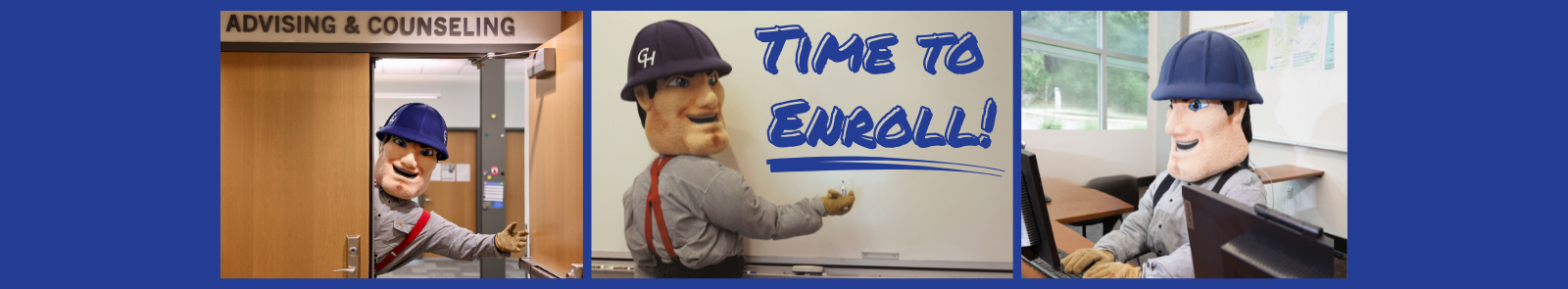 The words "Time to Enroll!" written on a whiteboard in a collage of Charlie Choker.