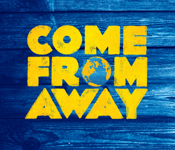 A closeup of worn wood floor tinted blue with filters. Overtop is the text "Come From Far Away" in all caps, a globe replacing the "O" in from.