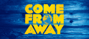 A closeup of worn wood floor tinted blue with filters. Overtop is the text "Come From Far Away" in all caps, a globe replacing the "O" in from.
