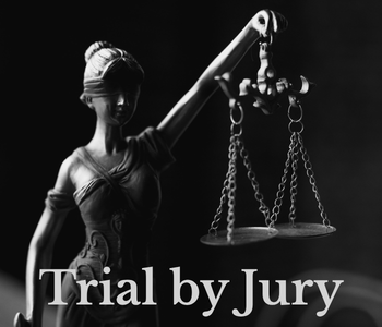 An iron performer holding up a balance scale. The text "Trial by Jury" in grey underneath.