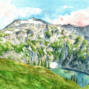 A water color painting of the sahale mountains from the perspective of a nearby hill. The sky is blue with clouds and a lake, reflecting the surrounding greenery lies between the two monoliths.