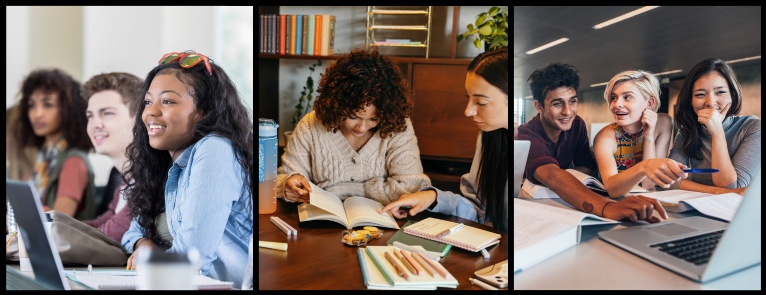 "Explore Our Business Programs!" in the middle of a collage of students working together.
