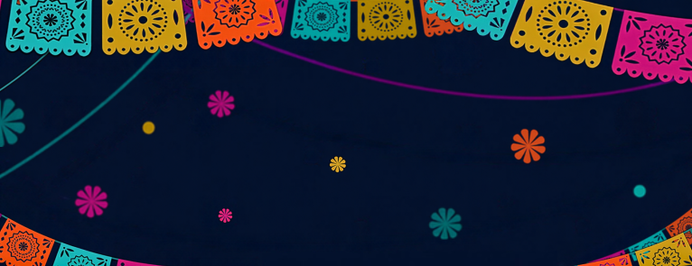 Pink, yellow, orange, and teal papel picado above the words "Hispanic Heritage Month Celebration!"