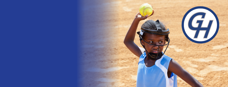A child hitting a softball to promote GHC Athletics Youth Softball Camp.