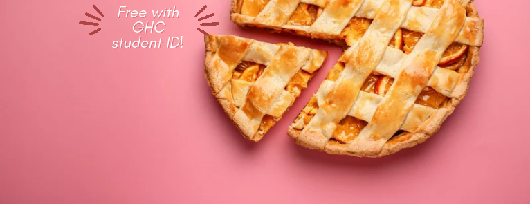 Photo of a pie with a slice taken out with Plank Island’s logo and text that says “Free with Grays Harbor College student Identification! GHC Fall Drama: Colorado”