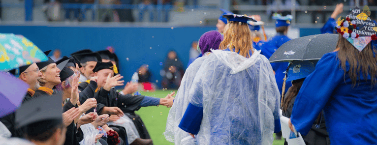 Photos of grads throwing their caps at the end of commencement and high fiving faculty after receiving their diplomas. Text on the photos says, Transfer Fair – Start here, go anywhere!