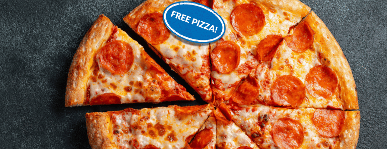 Photo of pepperoni pizza with text that says, "Student Open Forum" a blue sticker advertises "Free Pizza!"