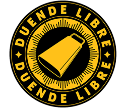 round photo with a cowbell in the center with the words duende libre around the outer rim